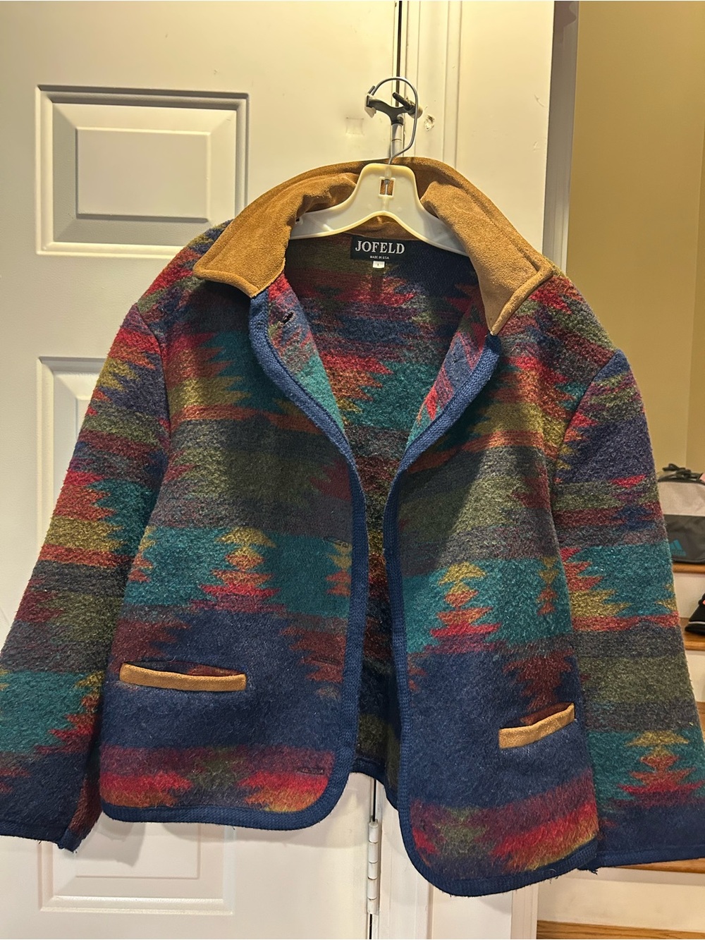 Jofeld Multicolor Southwestern Wool Blend Jacket with Suede Collar